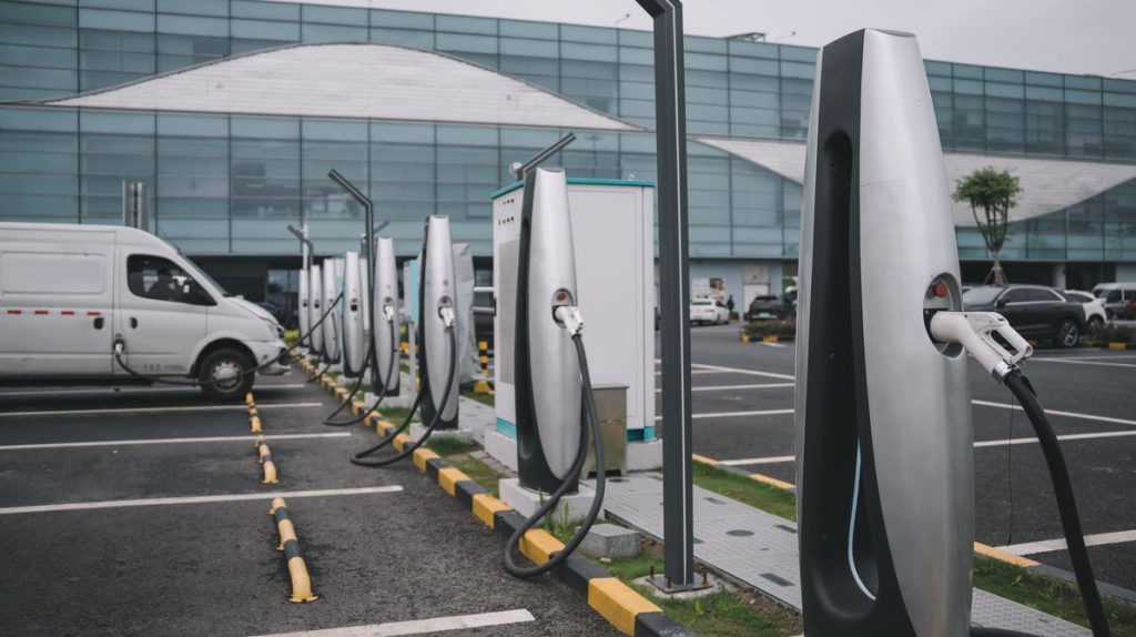 A parking lot with EV Chargers.