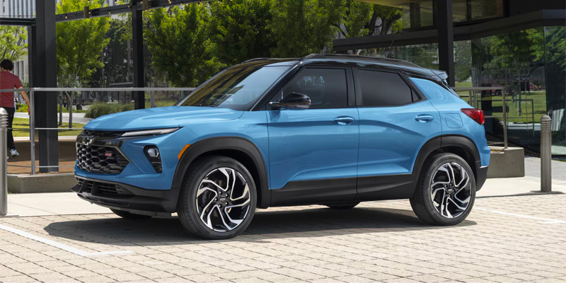 Blue 2026 Chevrolet Trailblazer parked in it's front side profile